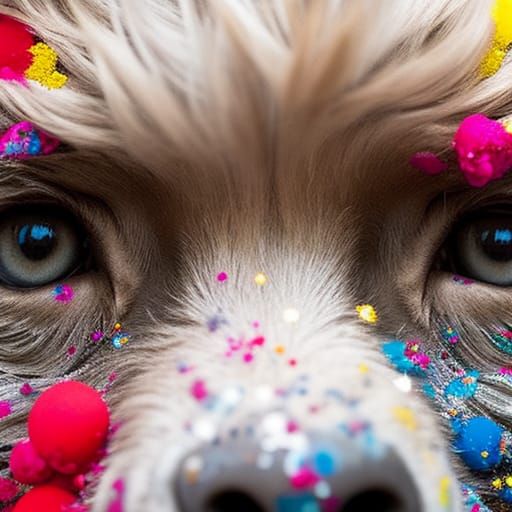 Colorful Portrait of Paint-Splattered Mini Goldendoodle
