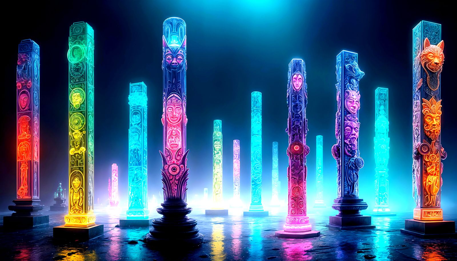 Neon Glass Totem Poles with Strange Carvings