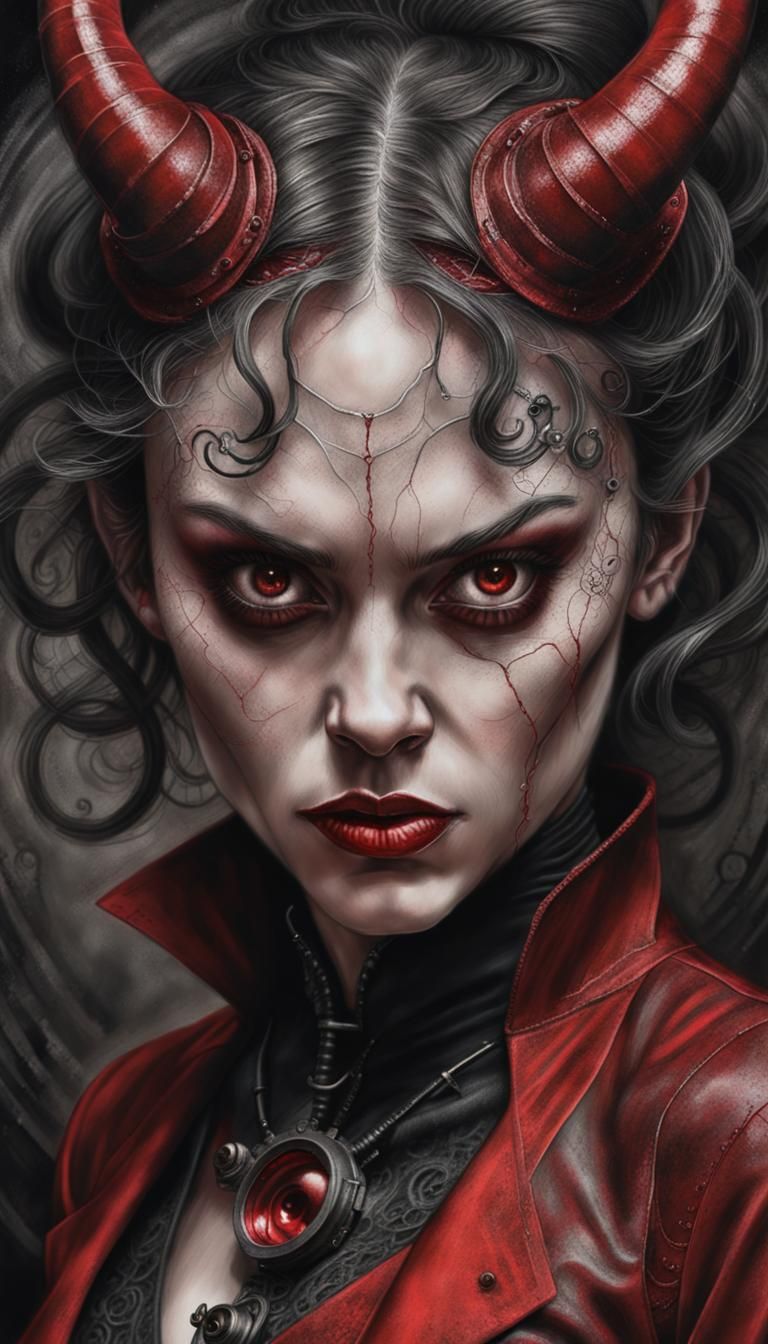 "(Daughter:1.3) of Mr.Hyde; diabolical treacherous; vulgar & (enchanting:1.5). Crimson form fitting, devil suited." Phot...