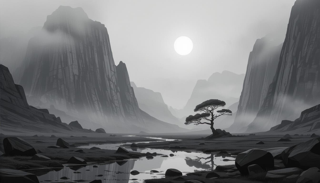 Monochrome Majesty: Ancient Tree Against Misty Graphite Clif...