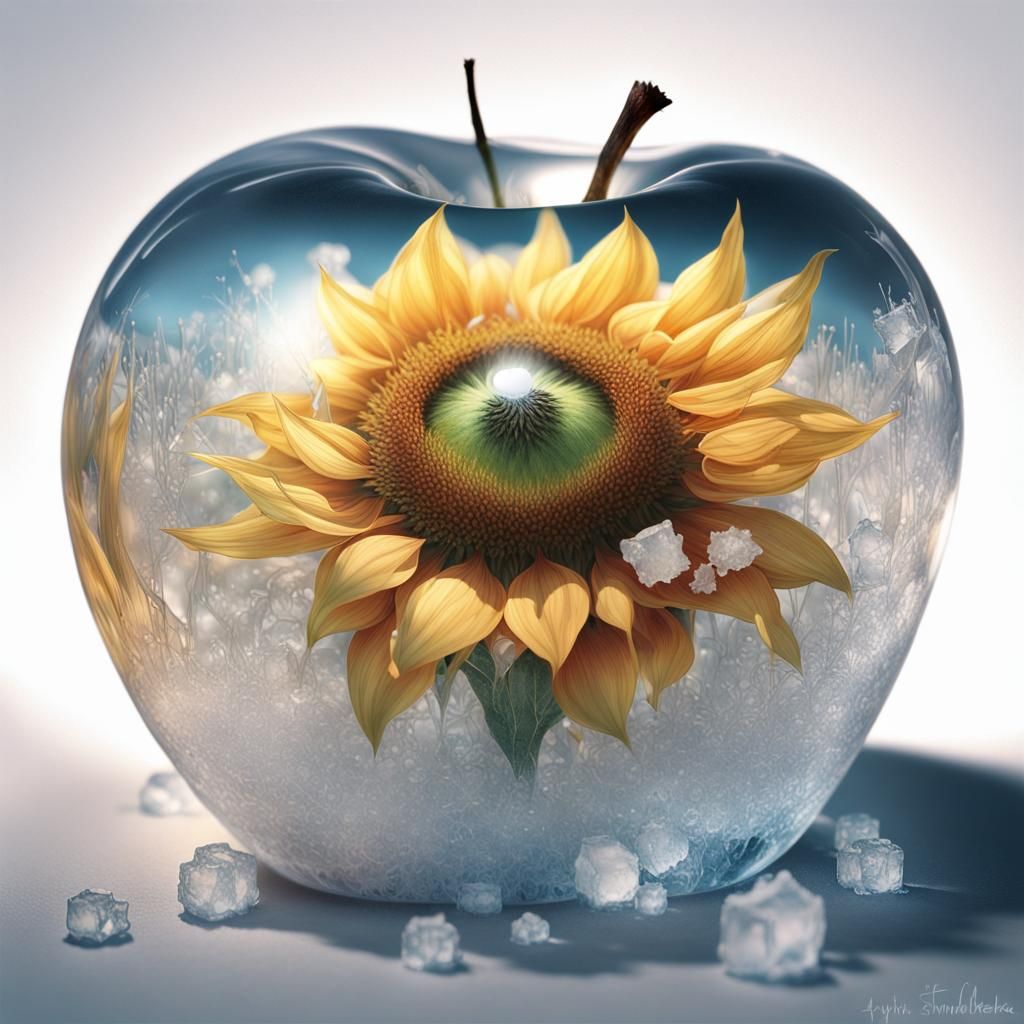 Crystal Apple Sunflower Cat in Fractal Art Style