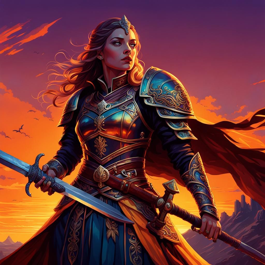 Dark Fantasy Commander at Sunset in Art Nouveau Style