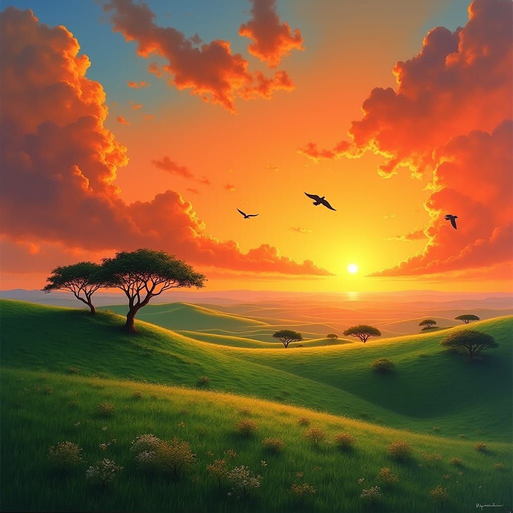 African Sunset Over Emerald Hills in Dreamy Style