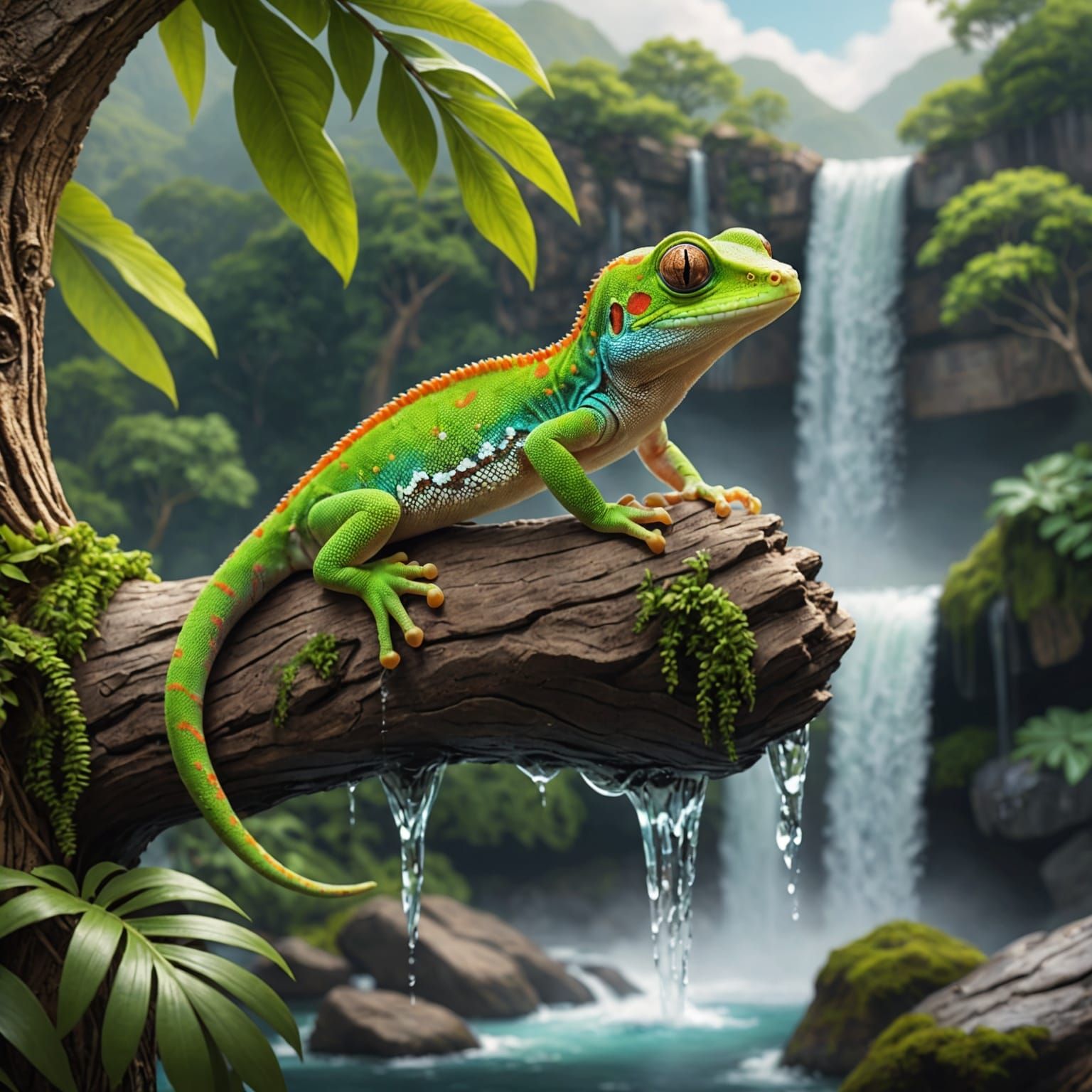 Realistic Gecko Overlooking Waterfall Scene