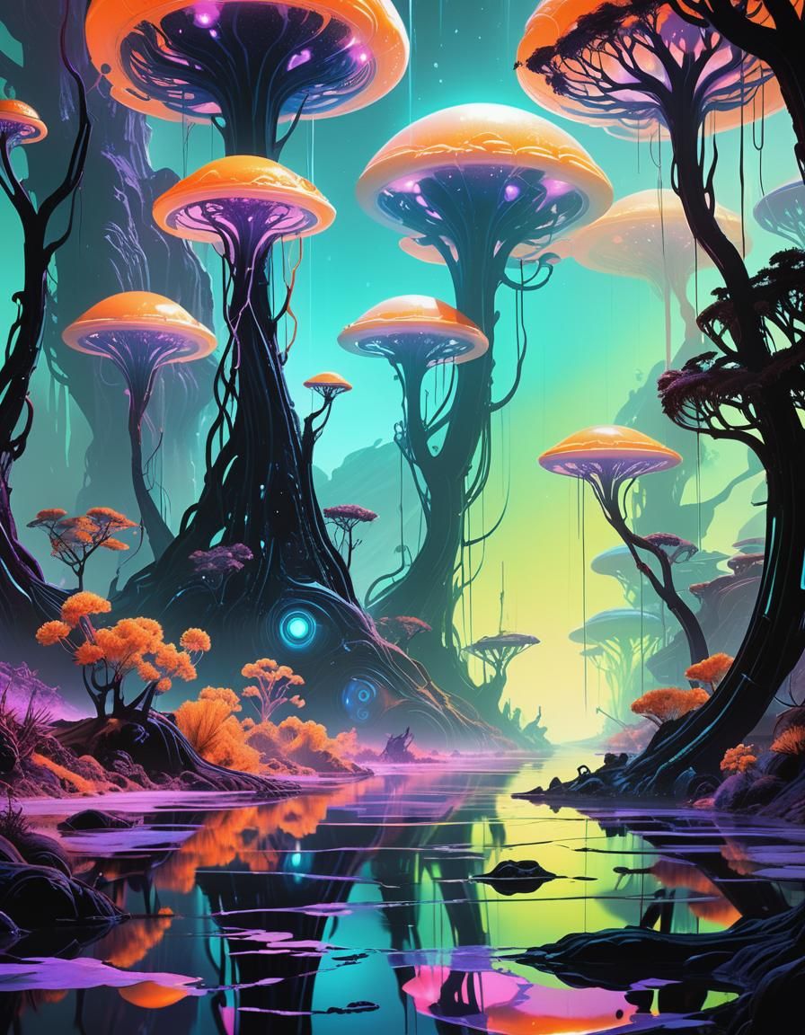 Alien Flora and Neon Rivers in Surreal Digital Art