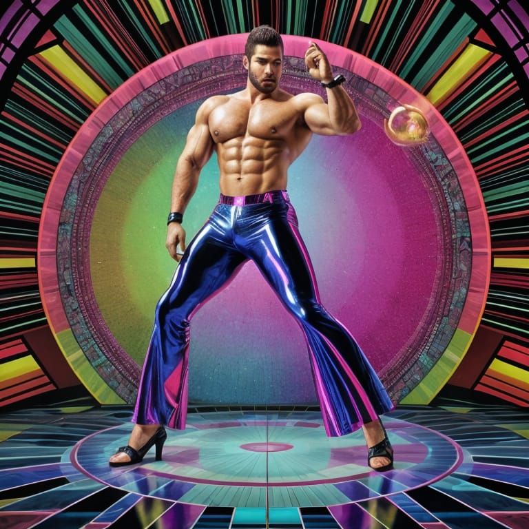 A beefcake in disco bell-bottom pants dancing on a funky, abstract Zentangle disco floor.