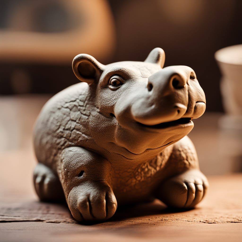 Ceramic Hippopotamus Figurine in Earthy Tones