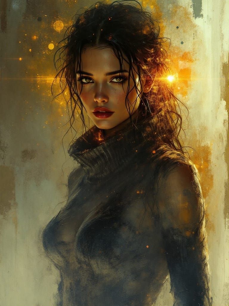 Pin-Up Woman With Fierce Eyes in Luminous Haze