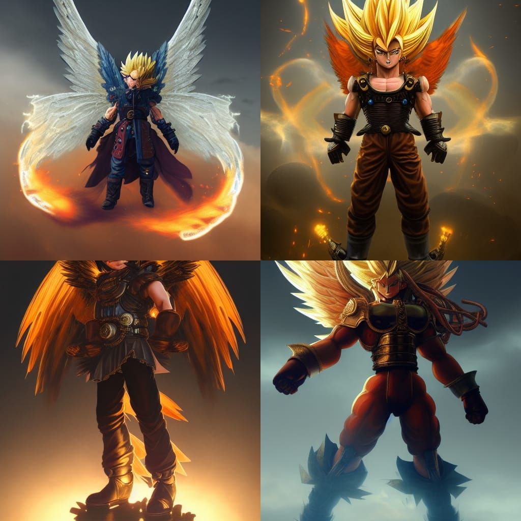 Steampunk Super Saiyan Angel in Dark Fantasy Style