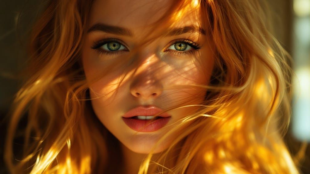 Intense Woman with Flawless Strawberry-Blonde Hair