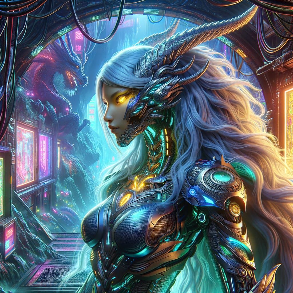Cybernetic Dragon Woman Guards Neon Cave Entrance