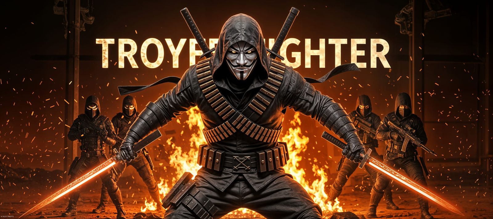 Furious Hooded Warrior with Glowing Katanas