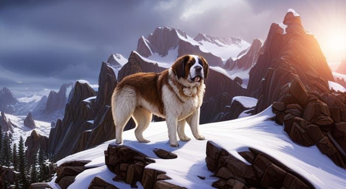 Saint Bernard Dog in Snowy Fantasy Landscape