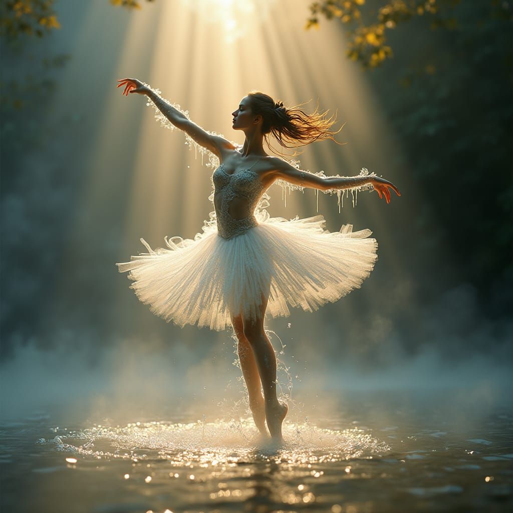 Ethereal Water Ballerina Dancing in Dreamlike Mist