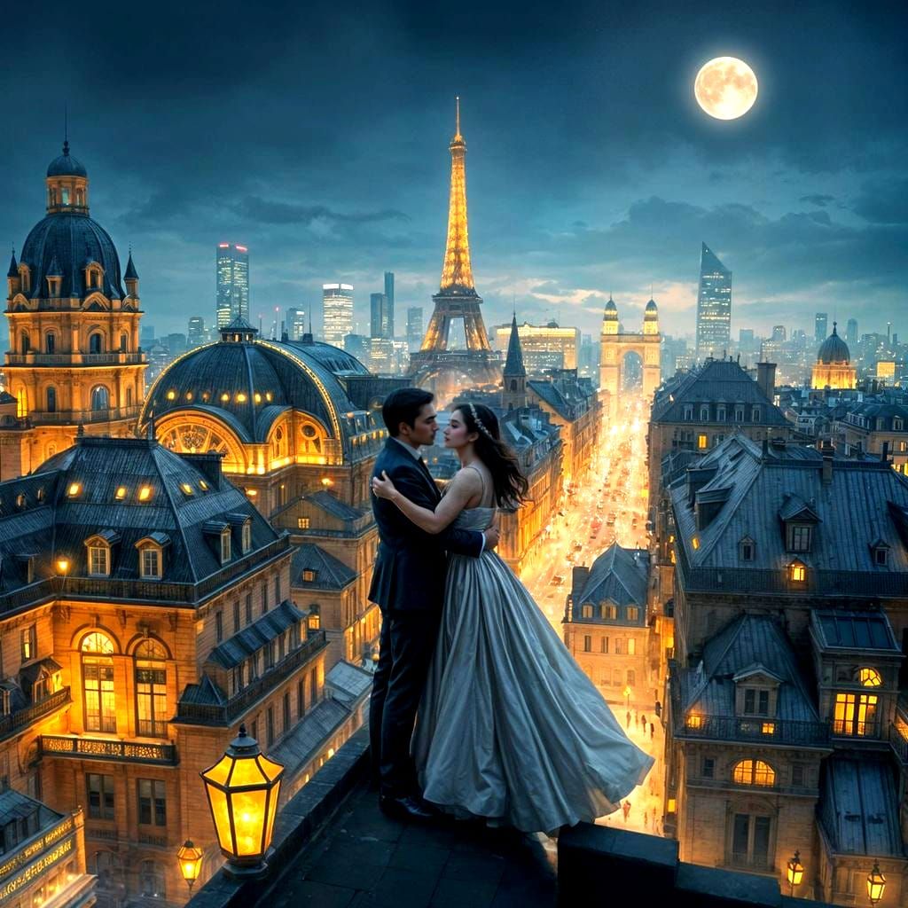 Ethereal Couple in Futuristic Parisian Cityscape