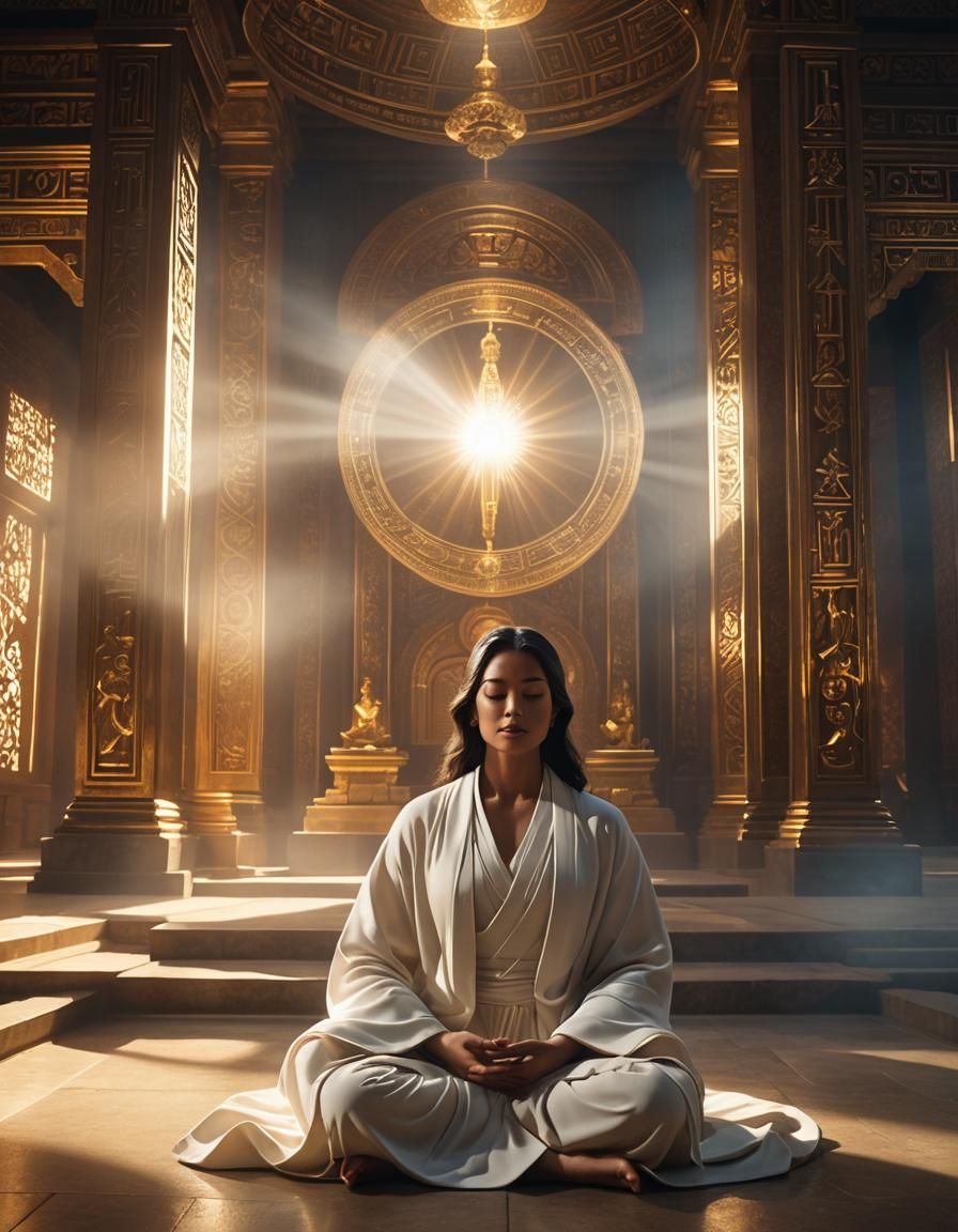 Tranquil Spirit Meditating in Sacred Temple: Fine Art