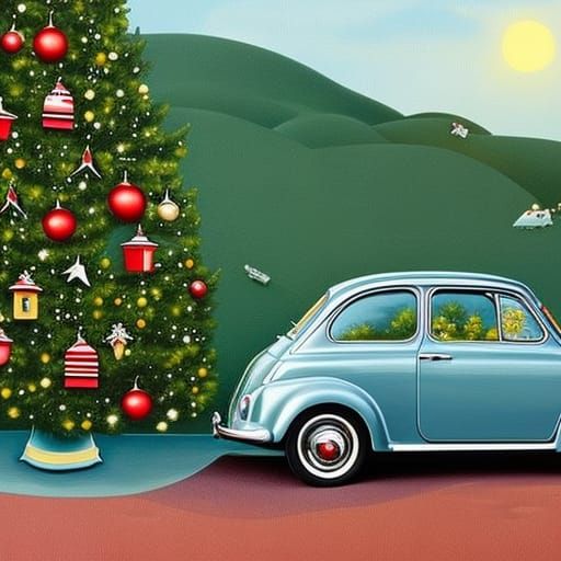 Fiat 500 with Christmas Tree: Storybook Illustration