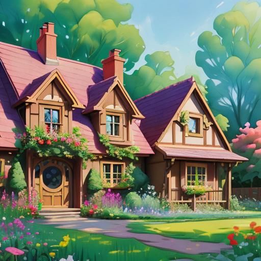 Rich Cartoon Cottage in Gouache Style