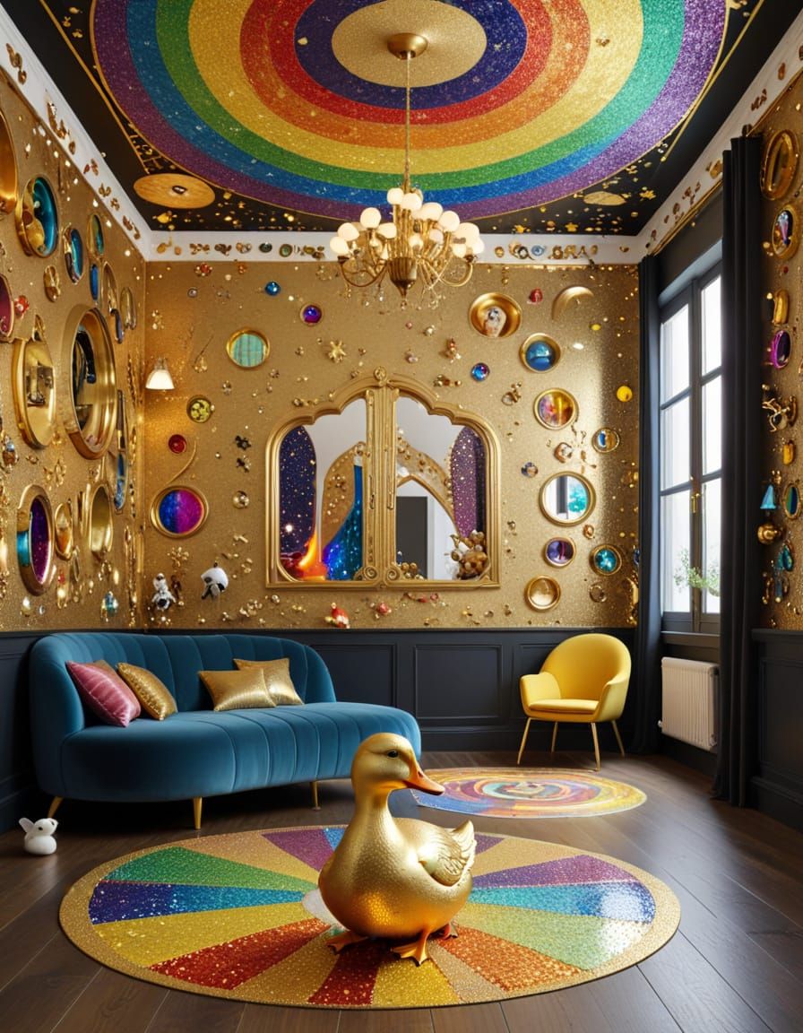 Klimt Style Rainbow Living Space with Playful Duckling