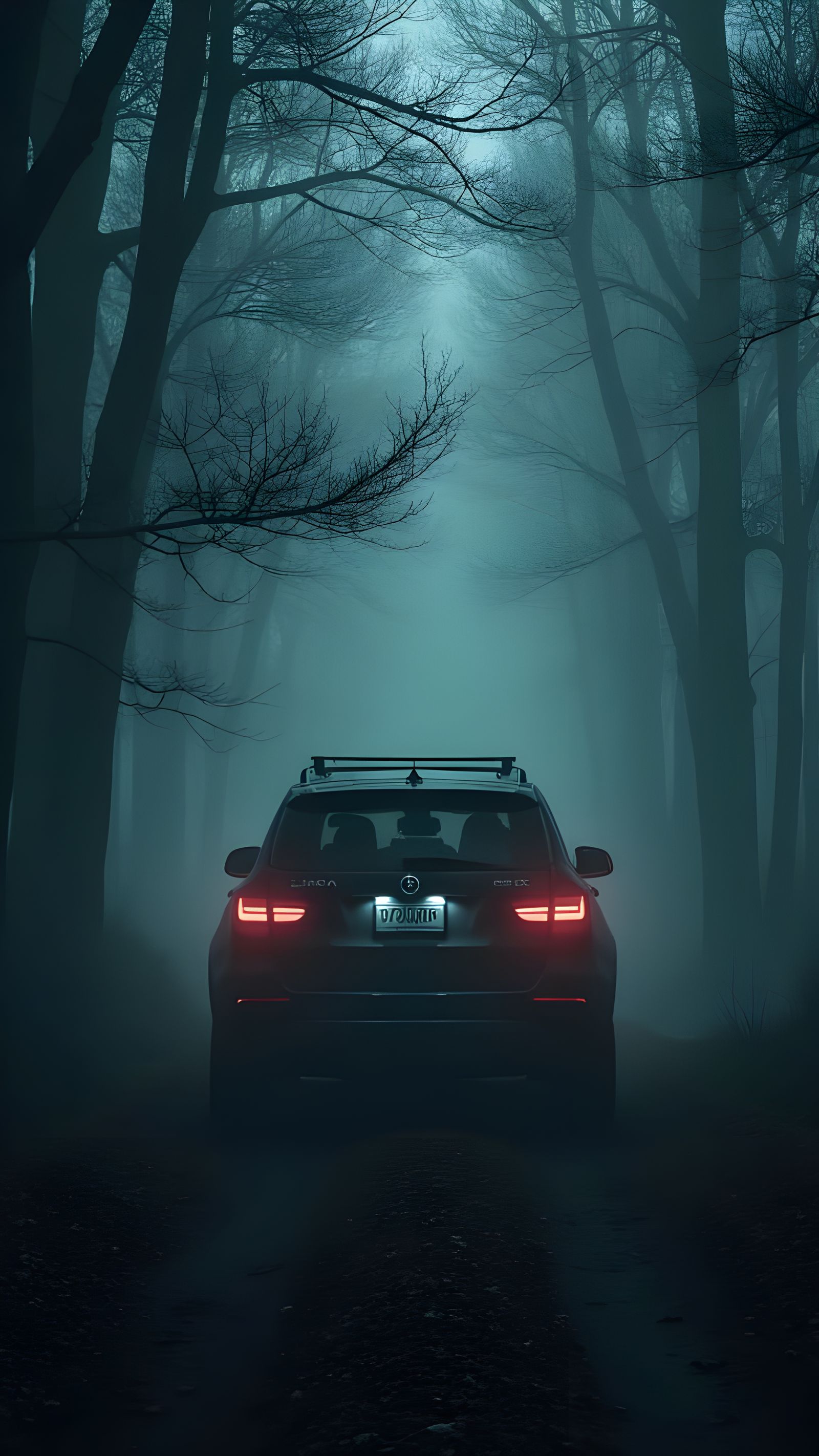Mysterious Man Driving SUV in Ominous Forest: Film Noir