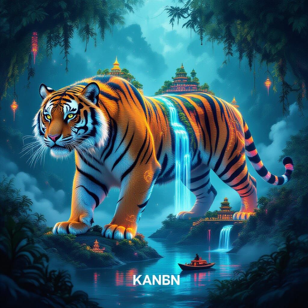 Bioluminescent Clockwork Tiger Emerges From Neon Jungle