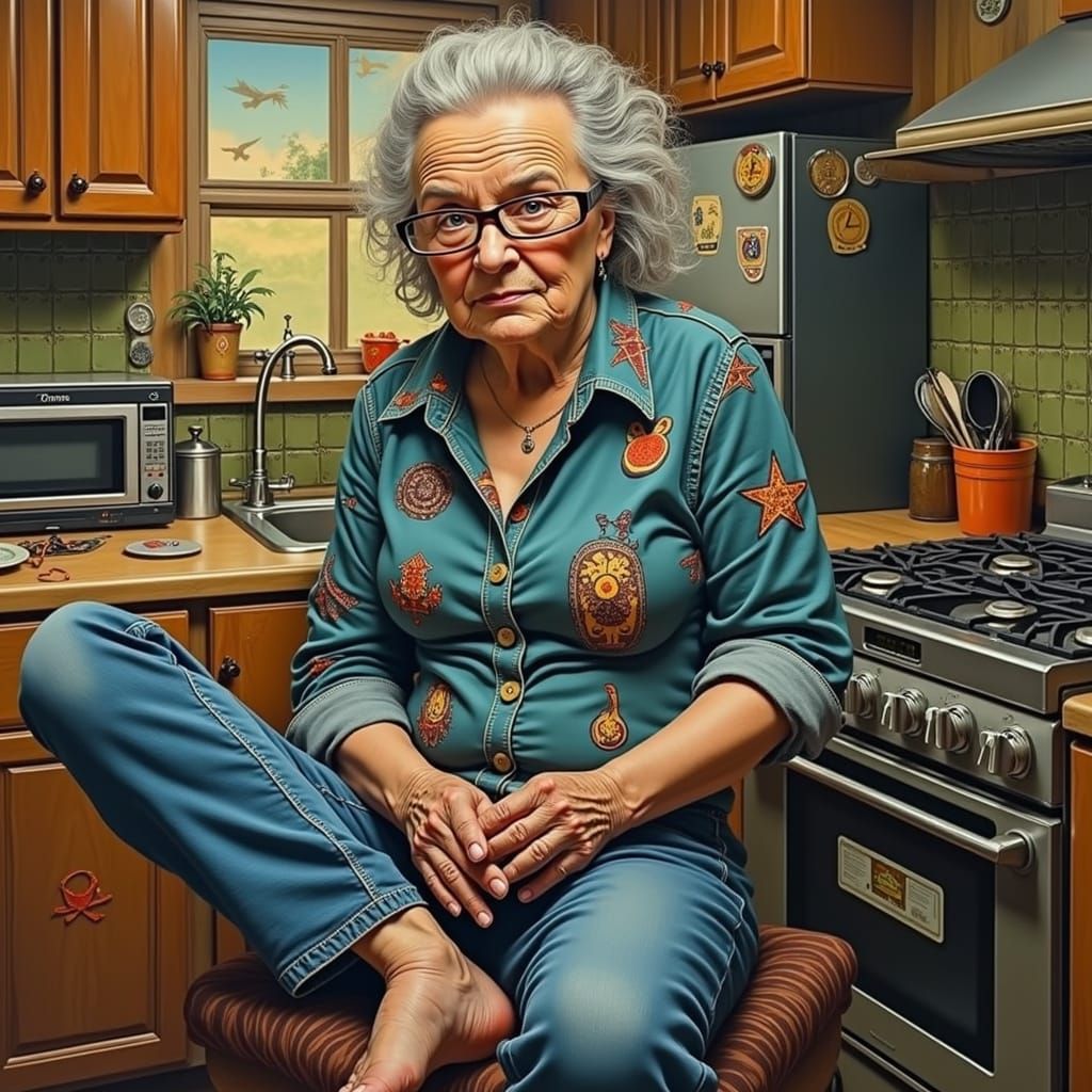 Chubby Woman in Sunny Kitchen, Zentangle Musical Shirt