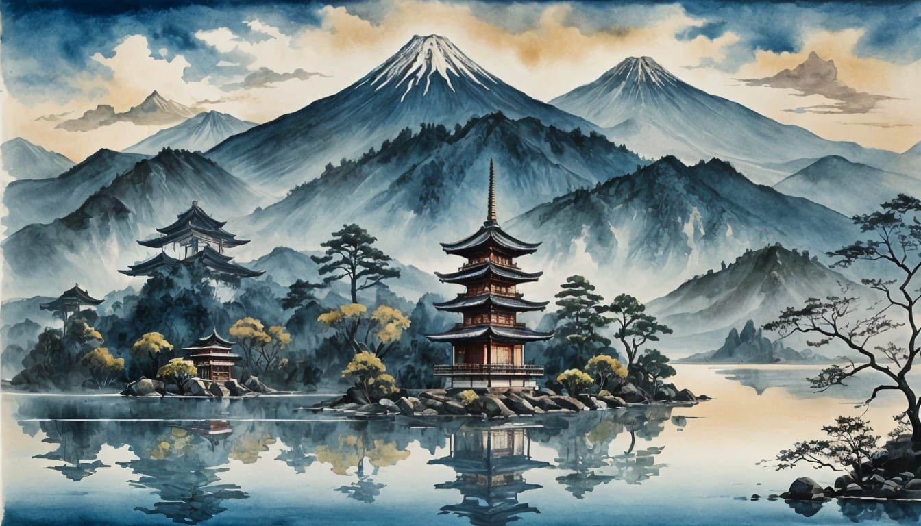 Ancient Pagoda Ink Drawing at Twilight