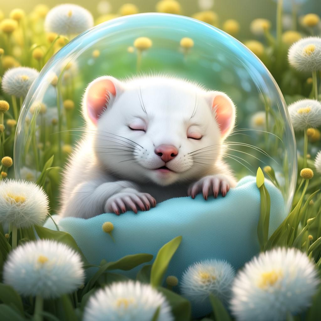 Cute Ferret Baby Sleeping in Bubble, 3D Digital Art
