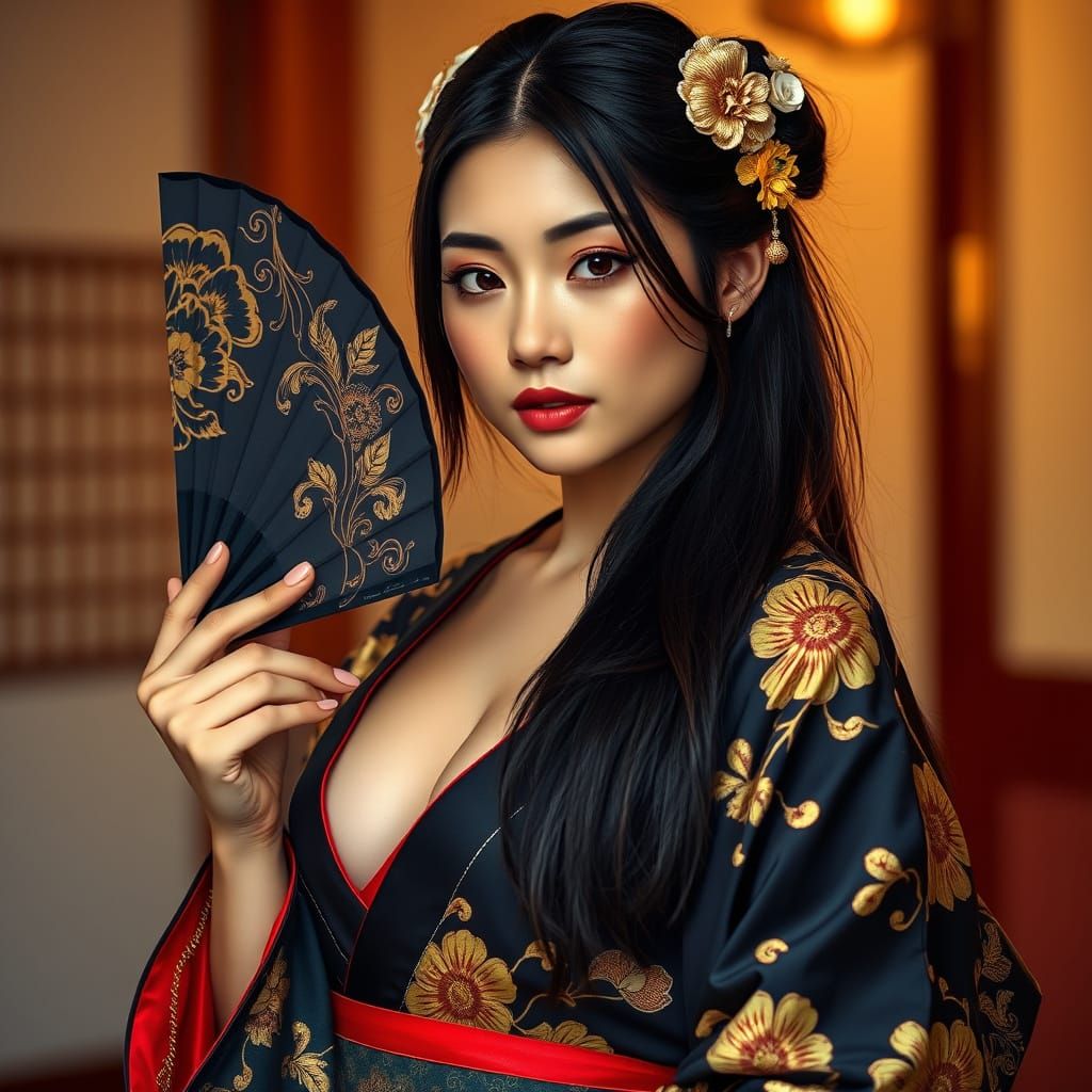 Filipina Beauty in Golden Kimono with Floral Fan
