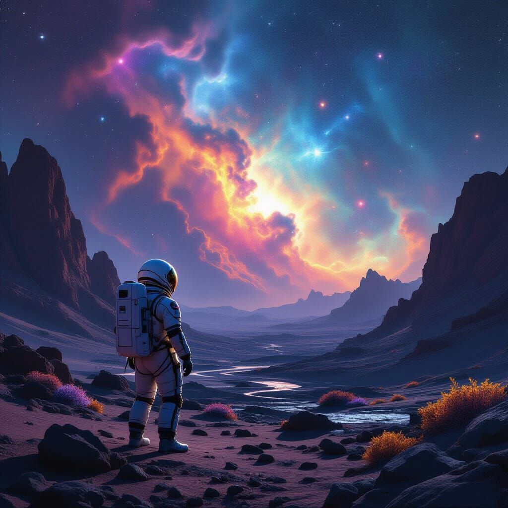 Astronaut Gazing at Nebula on Alien World