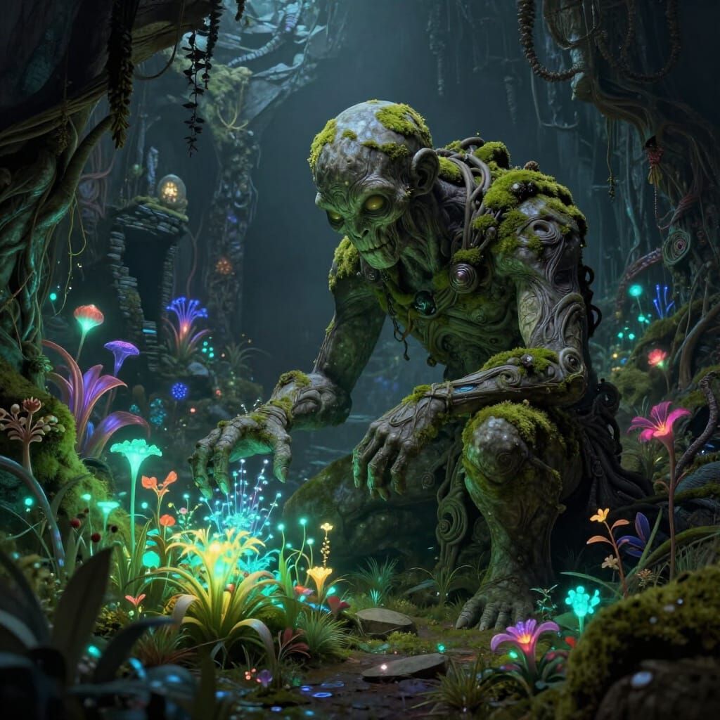 Ancient Golem Tends Bioluminescent Garden in Ruins