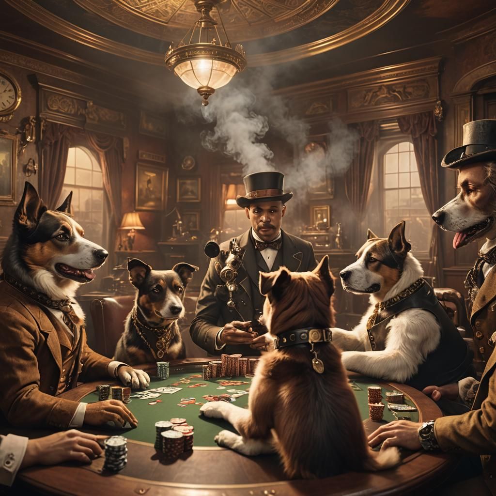 Steampunk Dogs Playing Poker in Victorian Club