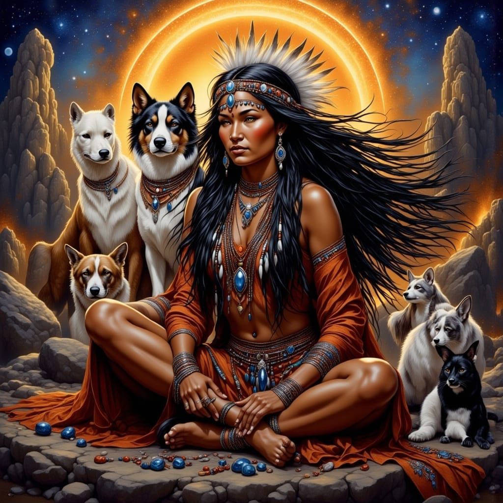A Native American woman, dark hair with white at the temples in dreadlocks with stone and silver beads in them. She's su...