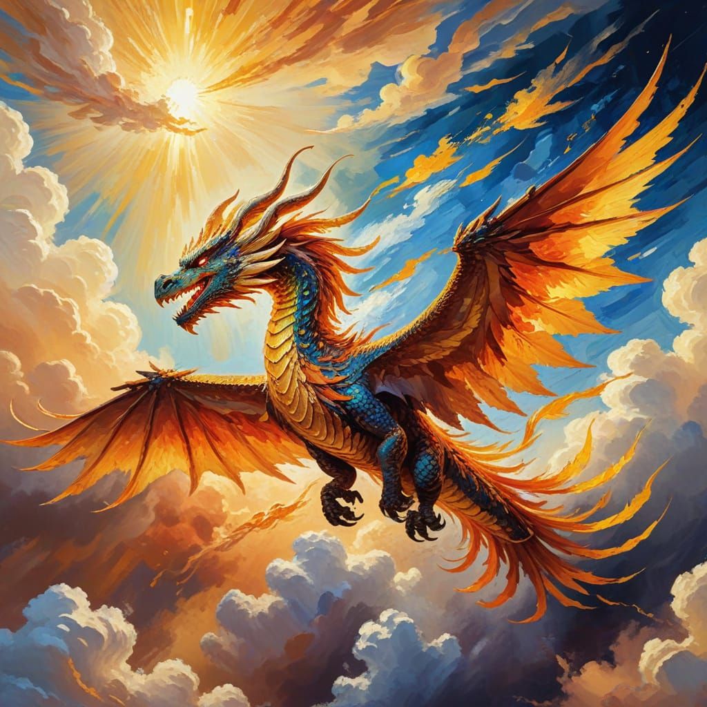 Phoenix Dragon Soaring Skyward: Gouache Impressionism