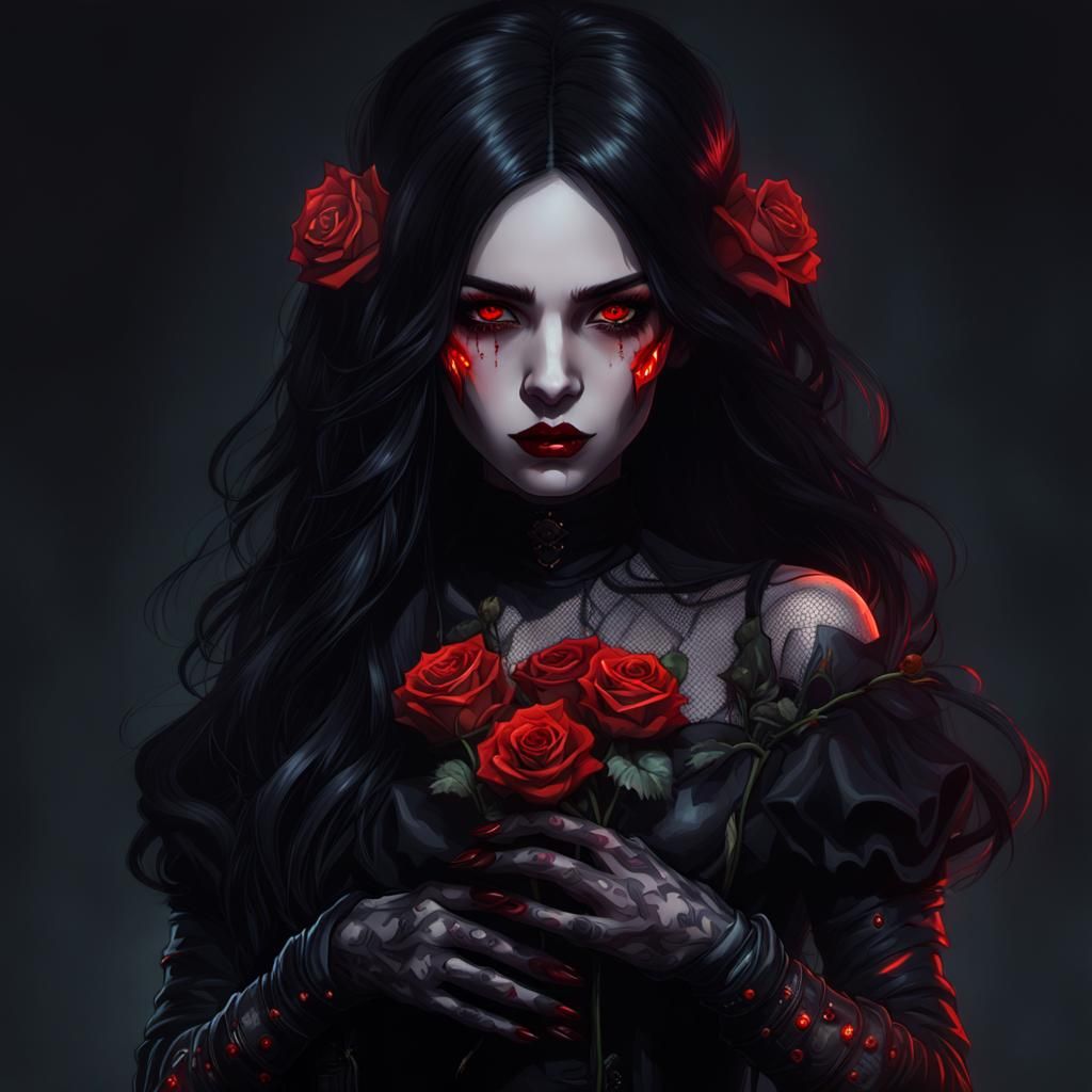 Gothic Ghost Woman with Luminous Roses in Cyberpunk Art