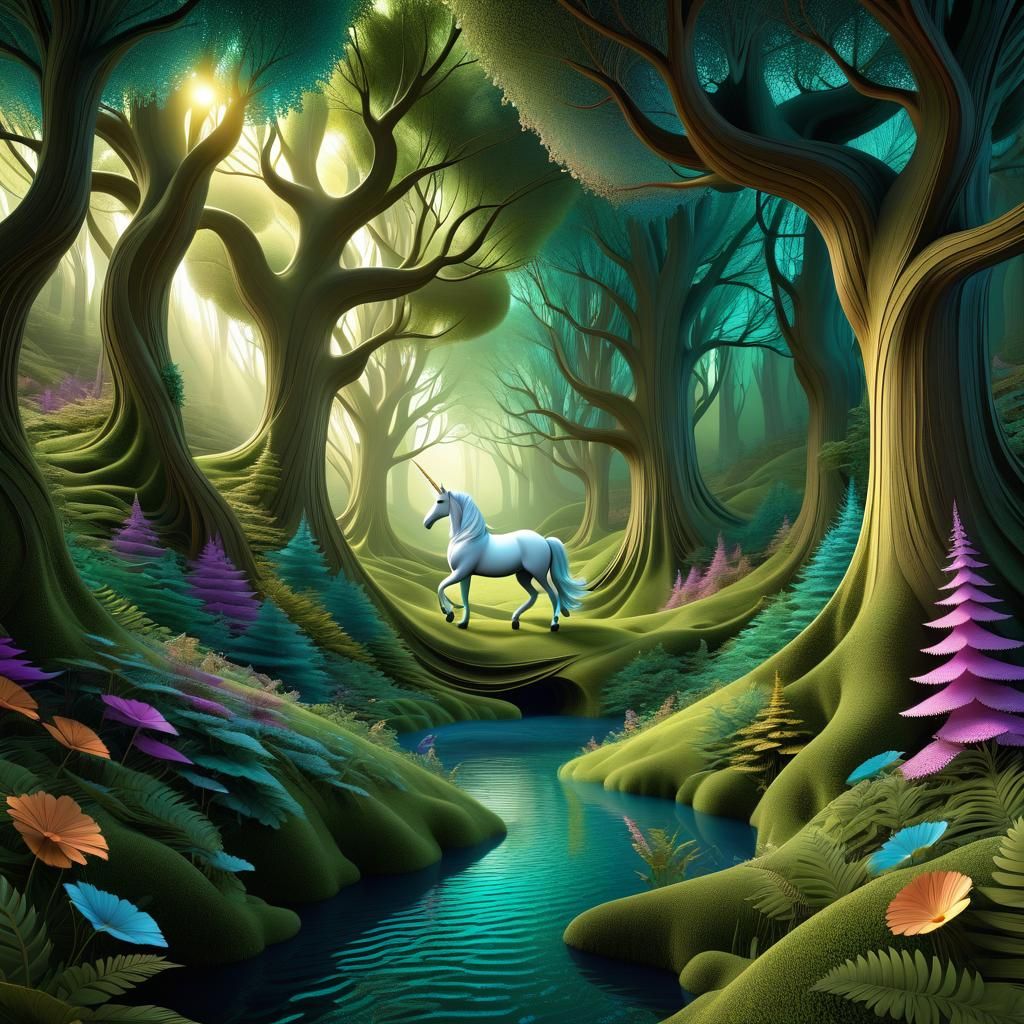 Enchanted Forest with Unicorn in Zentangle Style