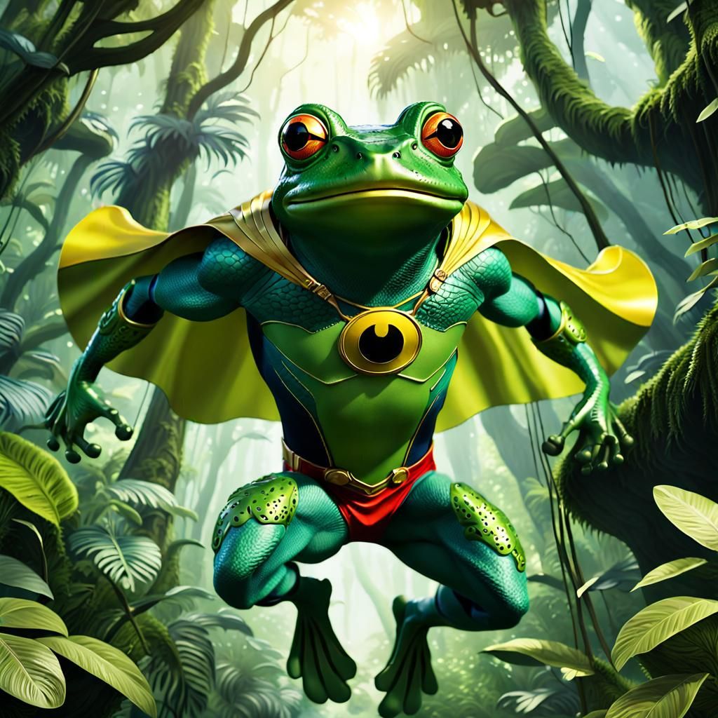 Frog Superhero Leaping Through Rainforest Canopy in CGI