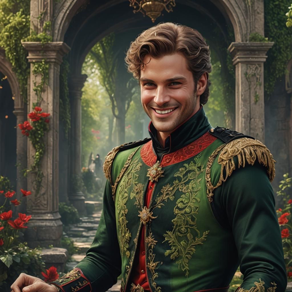 Realistic Portrait of a Smiling Prince in Detailed Matte Pai...