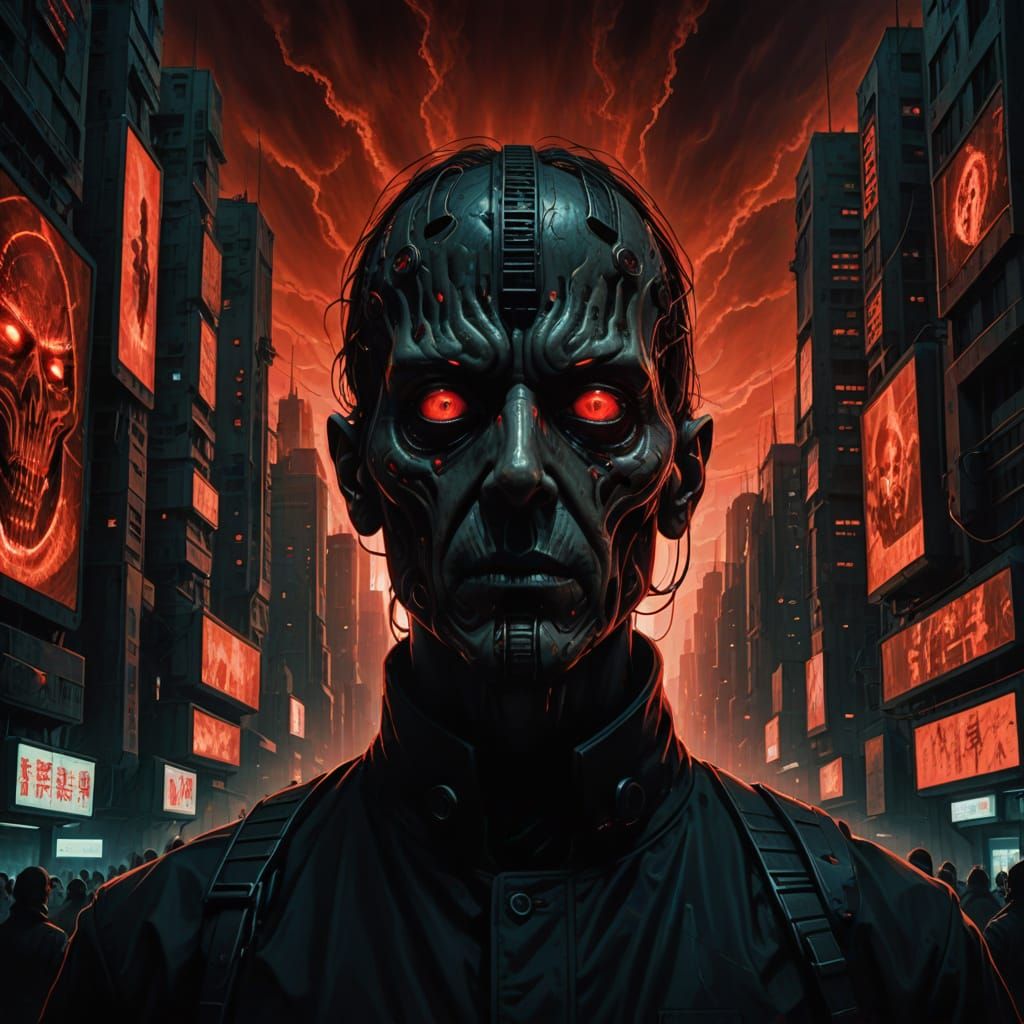 Surreal Dystopian Portrait in Red Glow