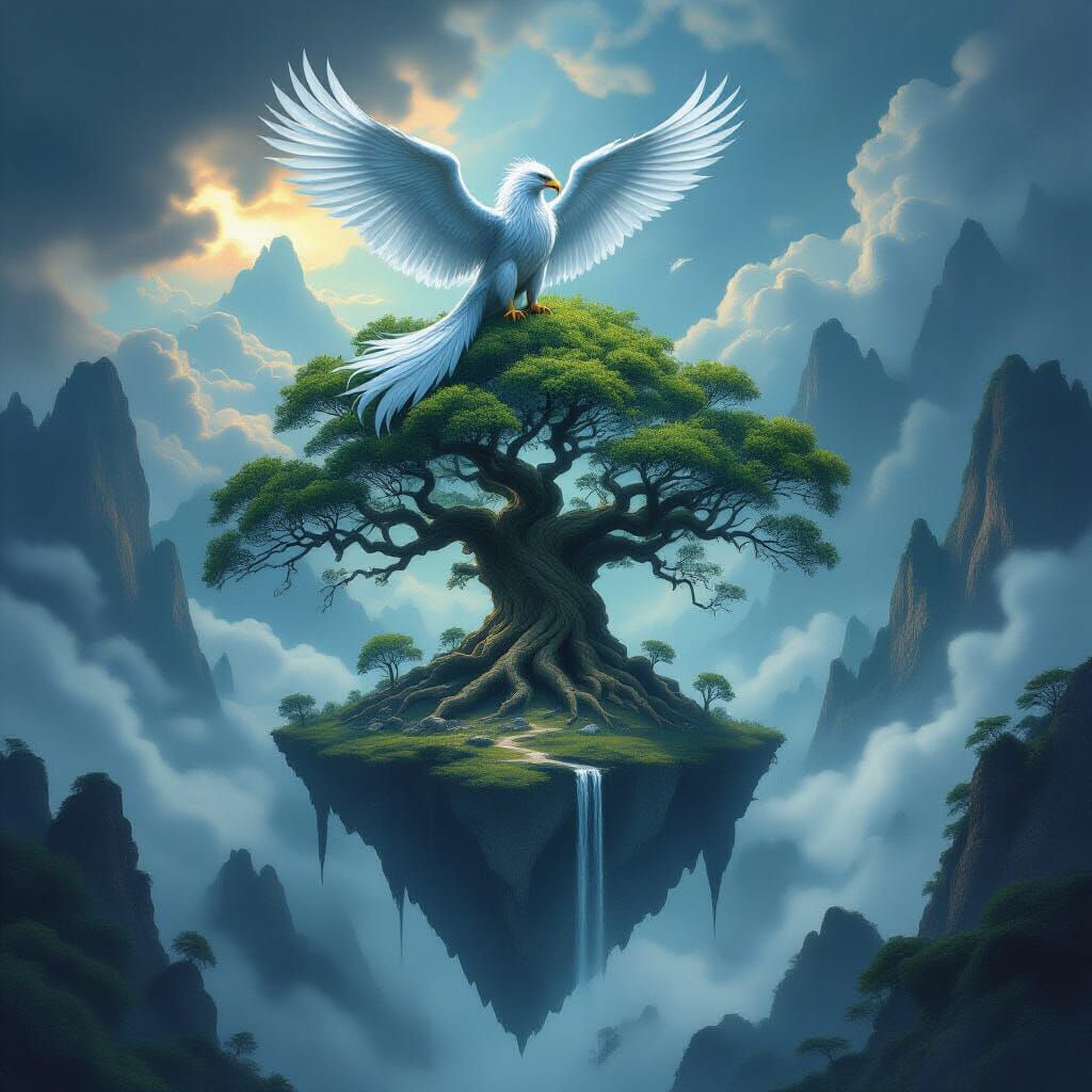 Majestic Griffin on Ancient Tree Above Misty Sea