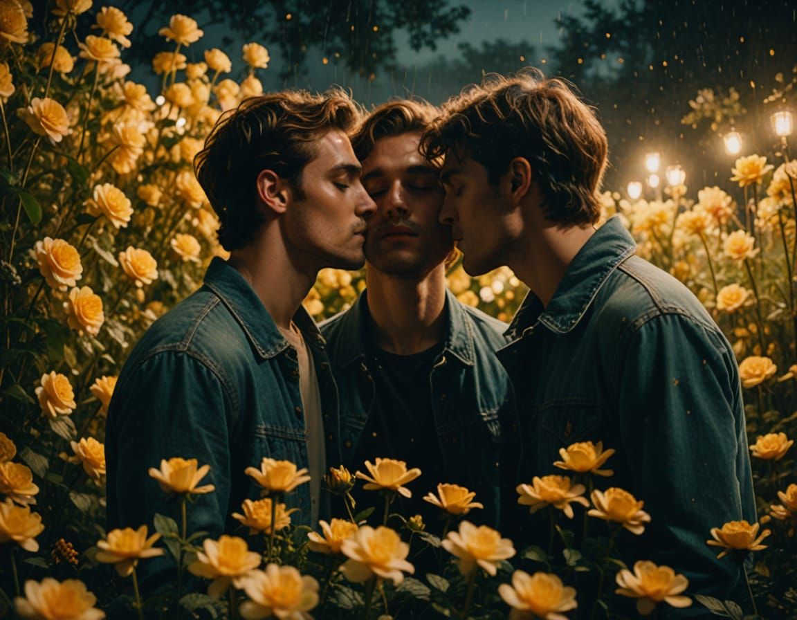 Young Men Kissing in Flower Garden: Cinematic Still