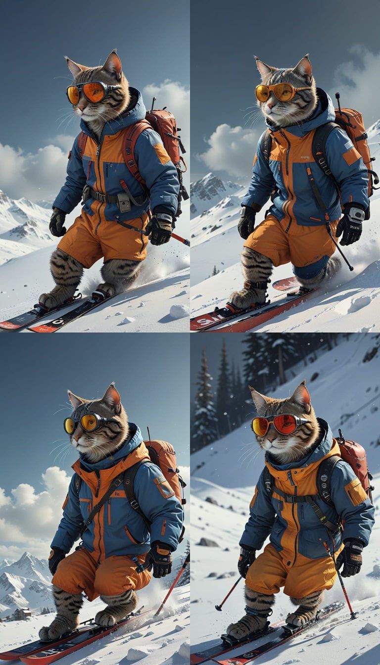 Hyperrealistic Cat Skier in High-Tech Gear