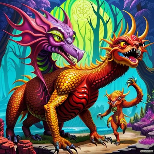 Vibrant Fantasy Creature with Sister