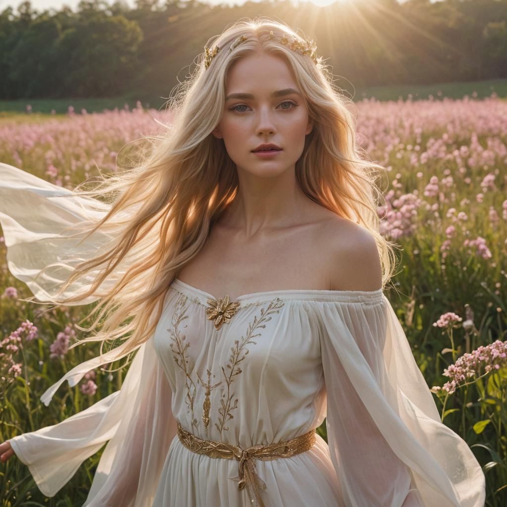 Fantasy Goddess in Meadow: Detailed Matte Painting