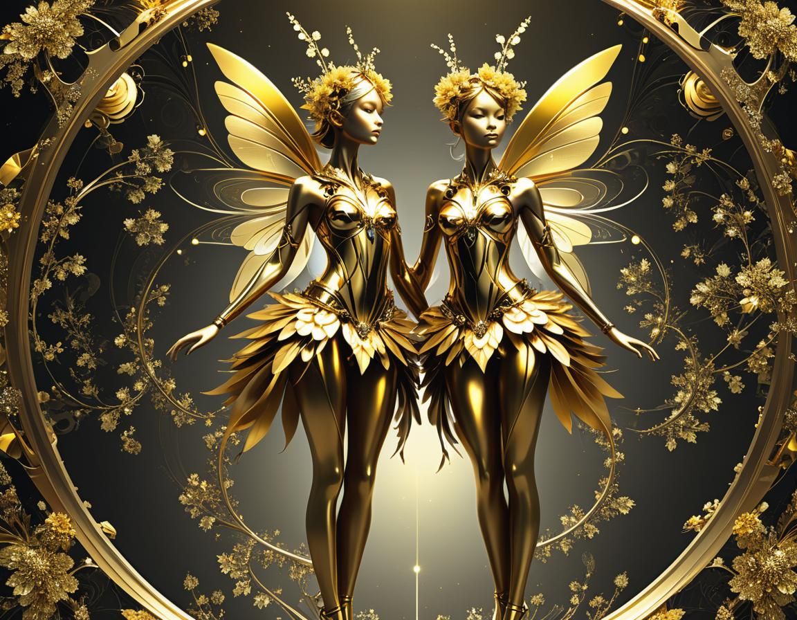 Golden Fractal Flower Fairy in Retrofuturist Style