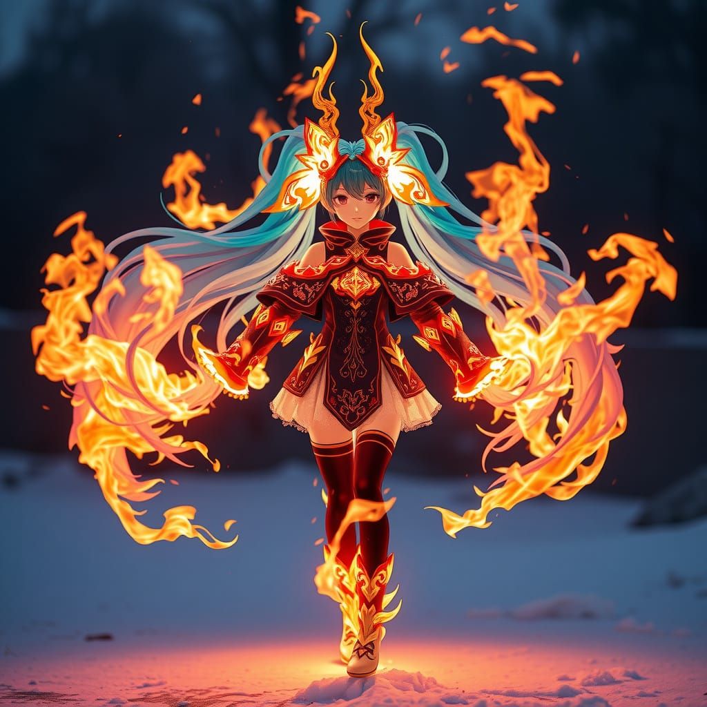 Hatsune Miku as a Fiery Ifrit Spirit