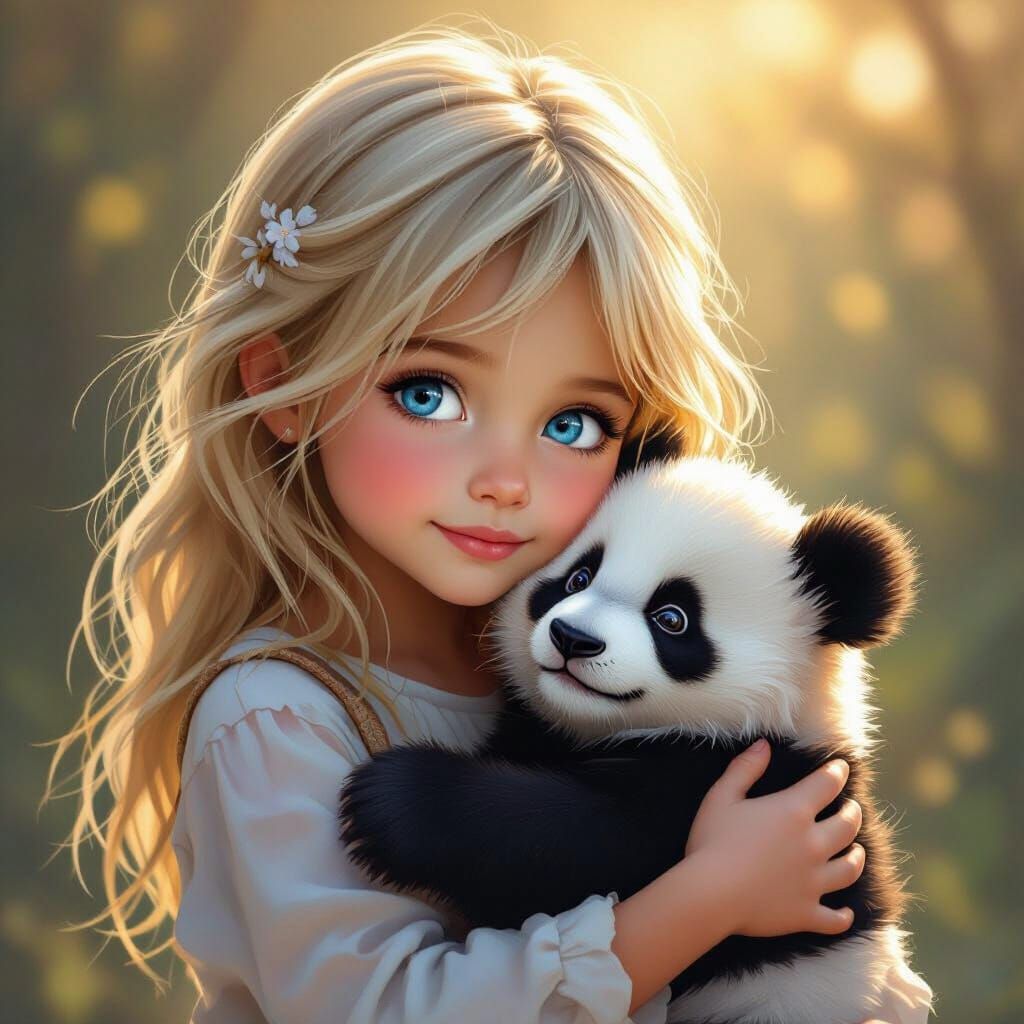 Girl Holding Baby Panda in Golden Hour Light