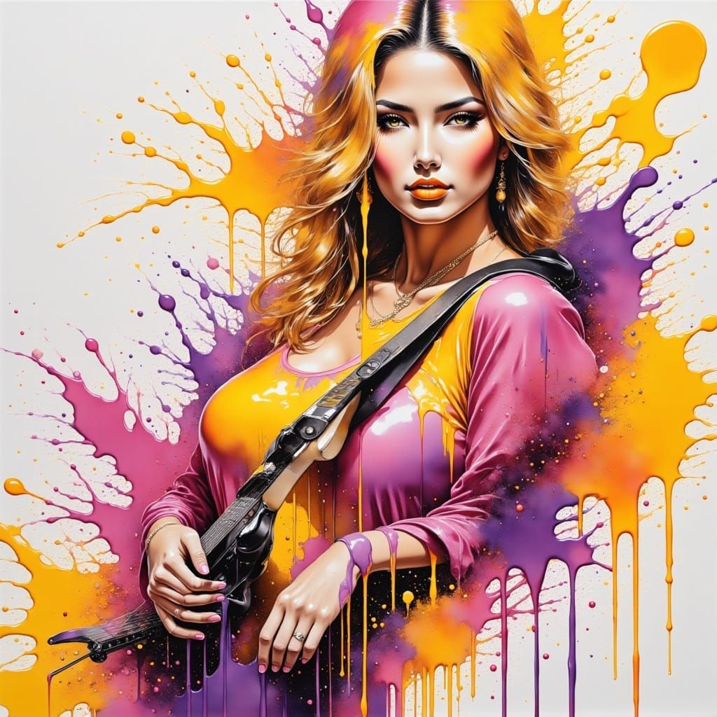 Graffiti Rock Chick with Vibrant Guitar Art in Pastel Hues