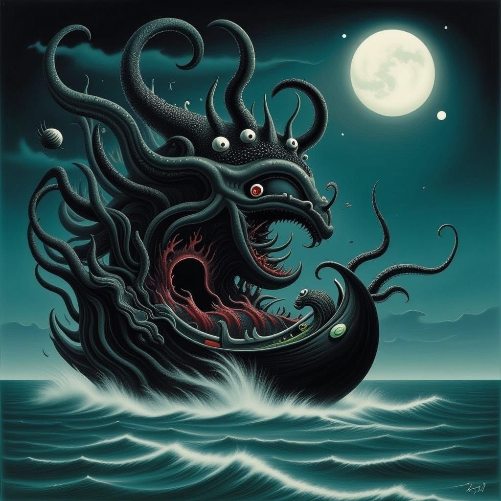Kraken Drags Boat Under Sea: Surreal Art
