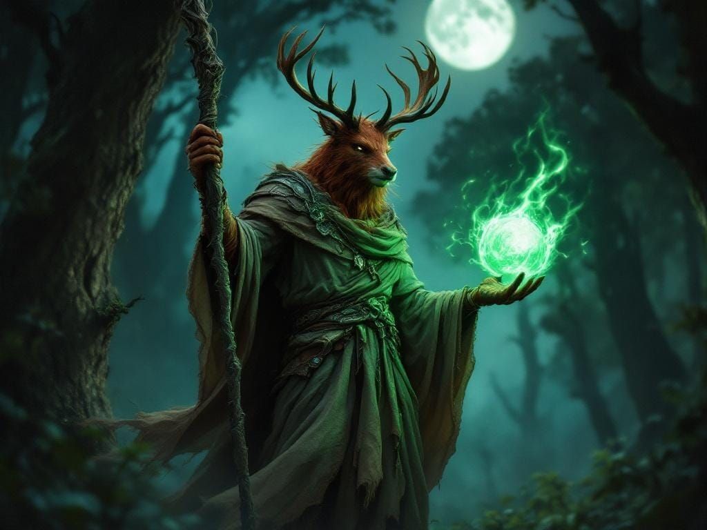 Humanoid Deer Druid in Moonlit Grove